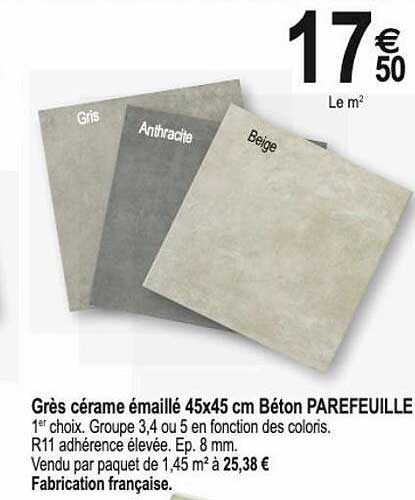 grès cérame émaillé 45 x 45 cm béton parefeuille