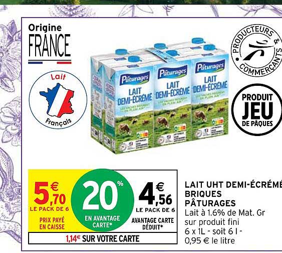 Lait Uht Demi-écrémé Briques Pâturages