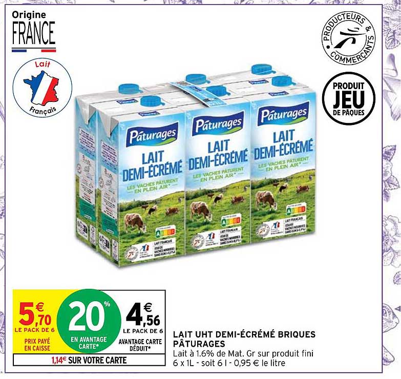 Lait Uht Demi-écrémé Briques Pâturages