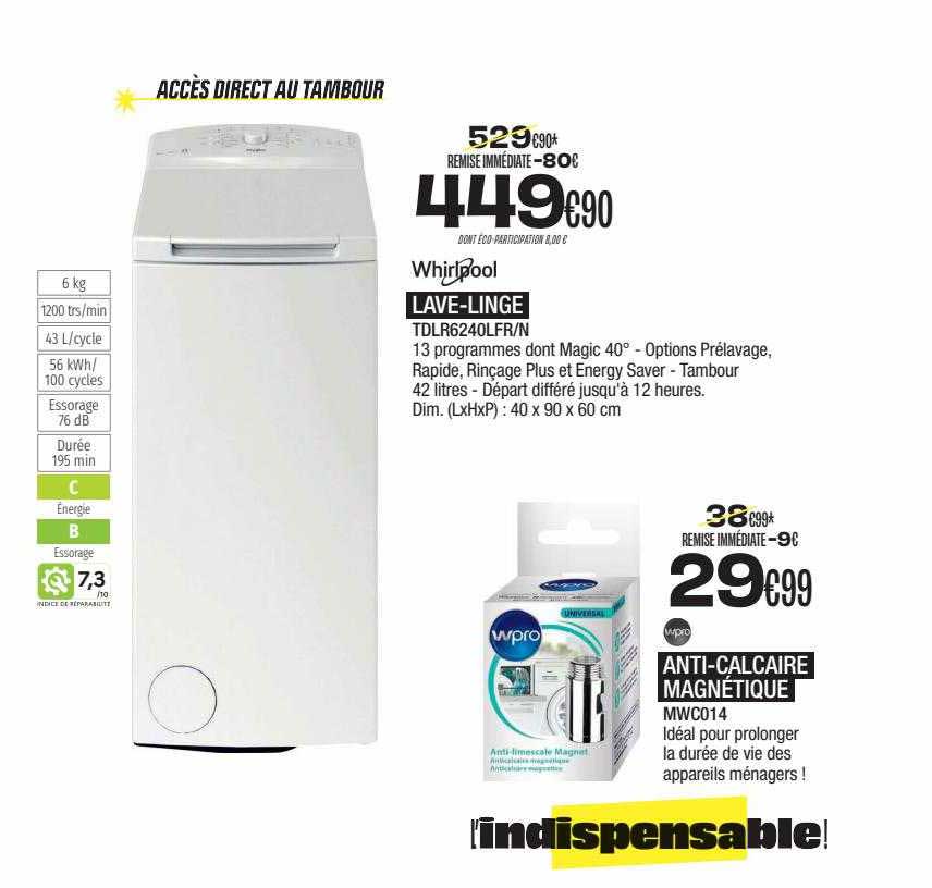 lave-linge whirlpool, anti-calcaire magnétique wpro