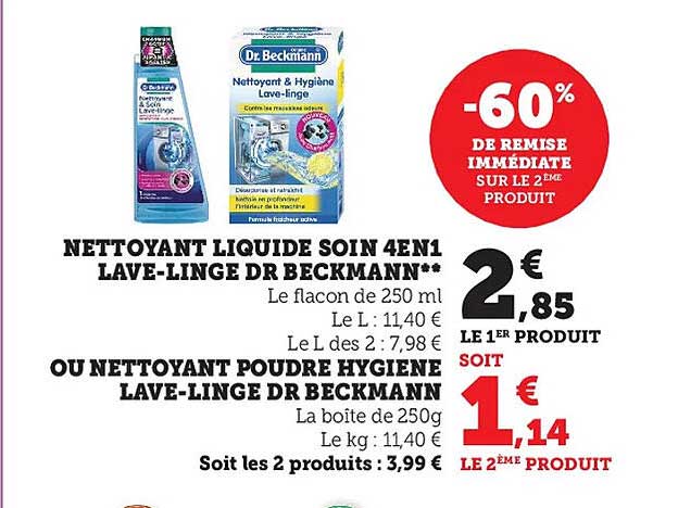 nettoyant liquide soin 4 en 1 lave-linge dr beckmann ou nettoyant poudre hygiène lave-linge dr beckmann