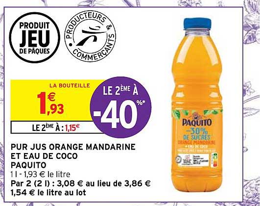pus jus orange mandarine et eau de coco paquito