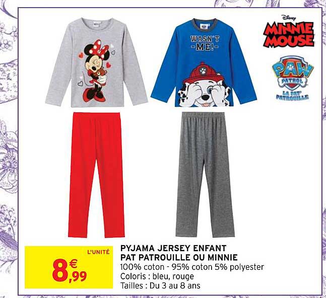 pyjama jersey enfant pat patrouille ou minnie