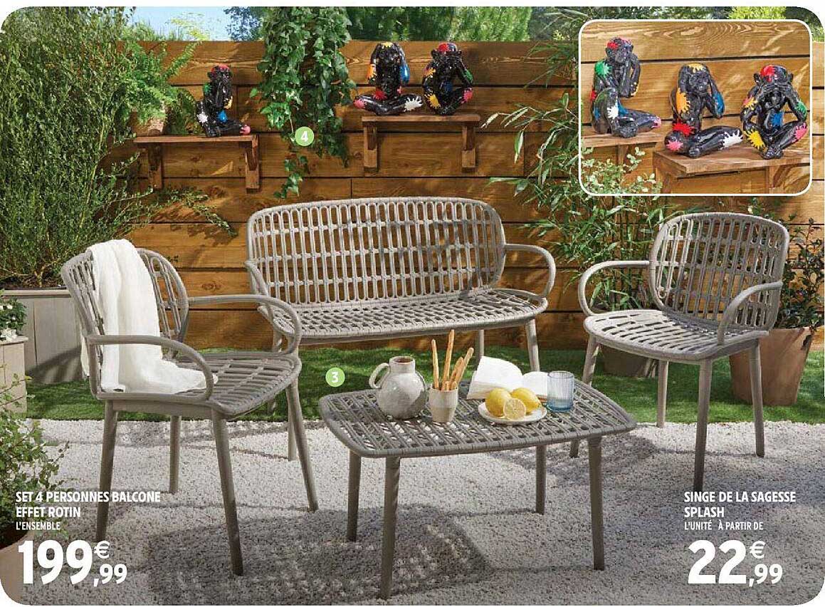 set 4 personnes balcone effet rotin, singe de la sagesse splash