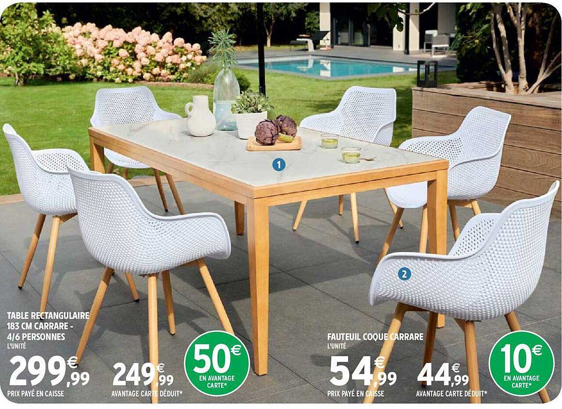 table rectangulaire 183 cm carrare - 4-6 personnes, fauteuil coque carrare