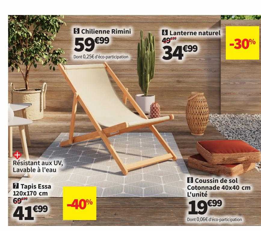 tapis essa 120 x 170 cm, chilienne rimini, lanterne naturel, coussin de sol cotonnade 40 x 40 cm