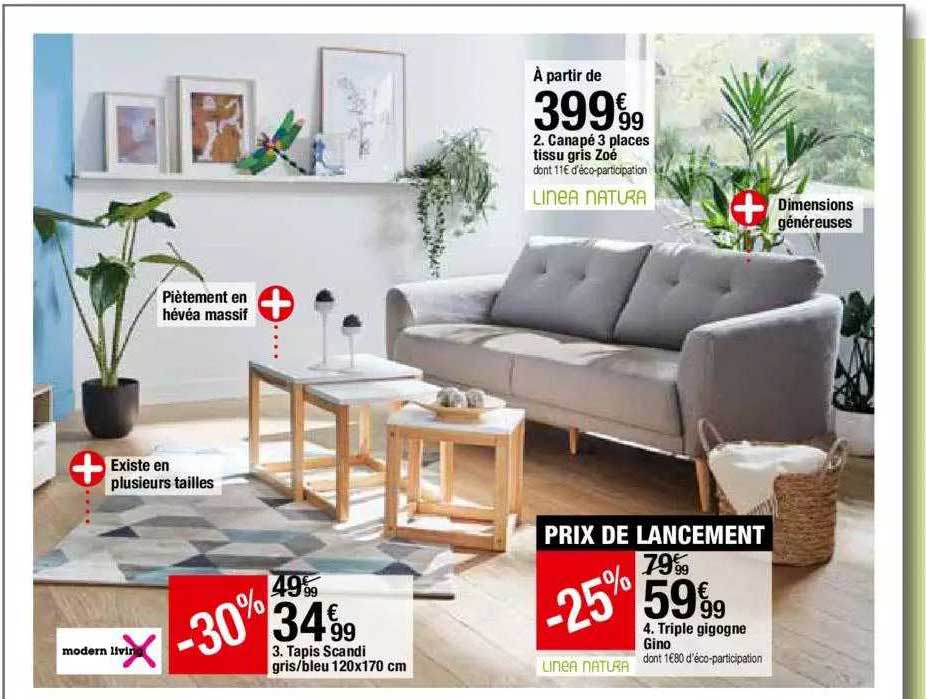 canapé 3 places tissu gris zoé, tapis scandi gris - bleu 120 x 170 cm, triple gigogne gino