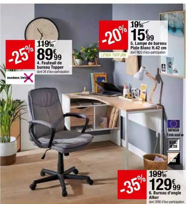fauteuil de bureau topper, lampe de bureau pixie blanc, bureau d'angle alkor