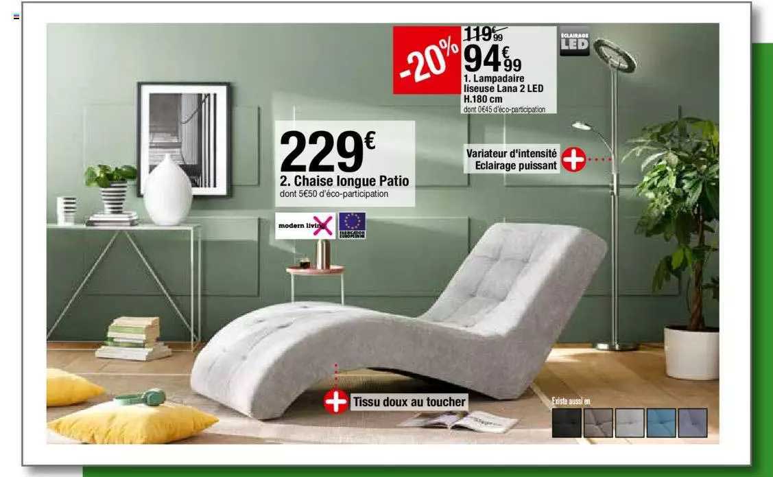 Lampadaire Liseuse Lana 2 Led, Chaise Longue Patio