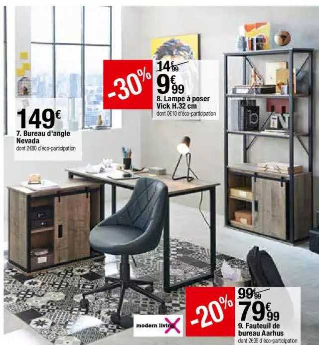 lampe à poser vick h.32 cm, bureau d'angle nevada, fauteuil de bureau aarhus