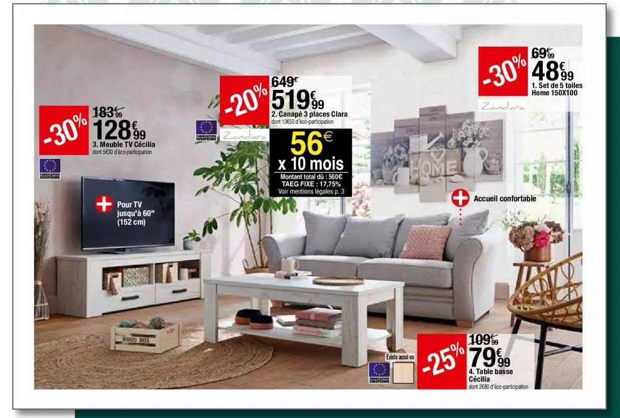 meuble tv cécilia, canapé 3 places clara, set de 5 toiles home 150 x 100, table basse cécilia