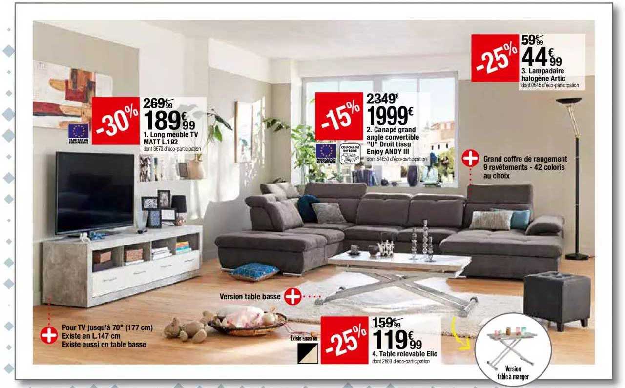sampadaire halogène artic, long meuble tv matt l. 192, canapé grand angle convertible "u" droit tissu enjoy andy iii, table relevable elio,