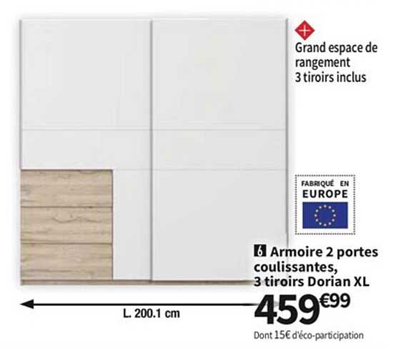 Armoire 2 Portes Coulissantes, 3 Tiroirs Dorian Xl