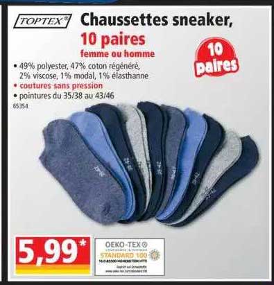 chaussettes sneaker toptex 10 paires femme ou homme