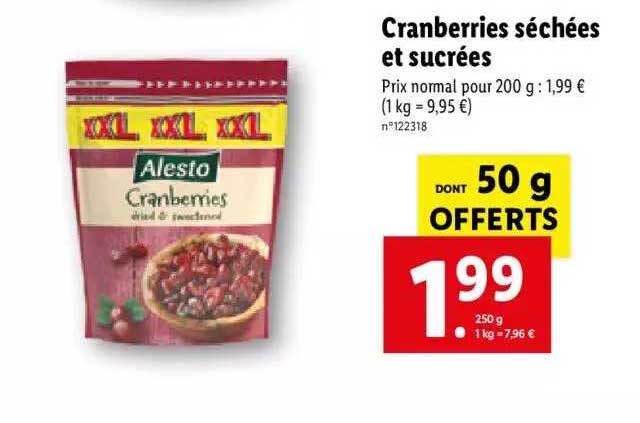 Cranberries Séchées Et Sucrées Alesto