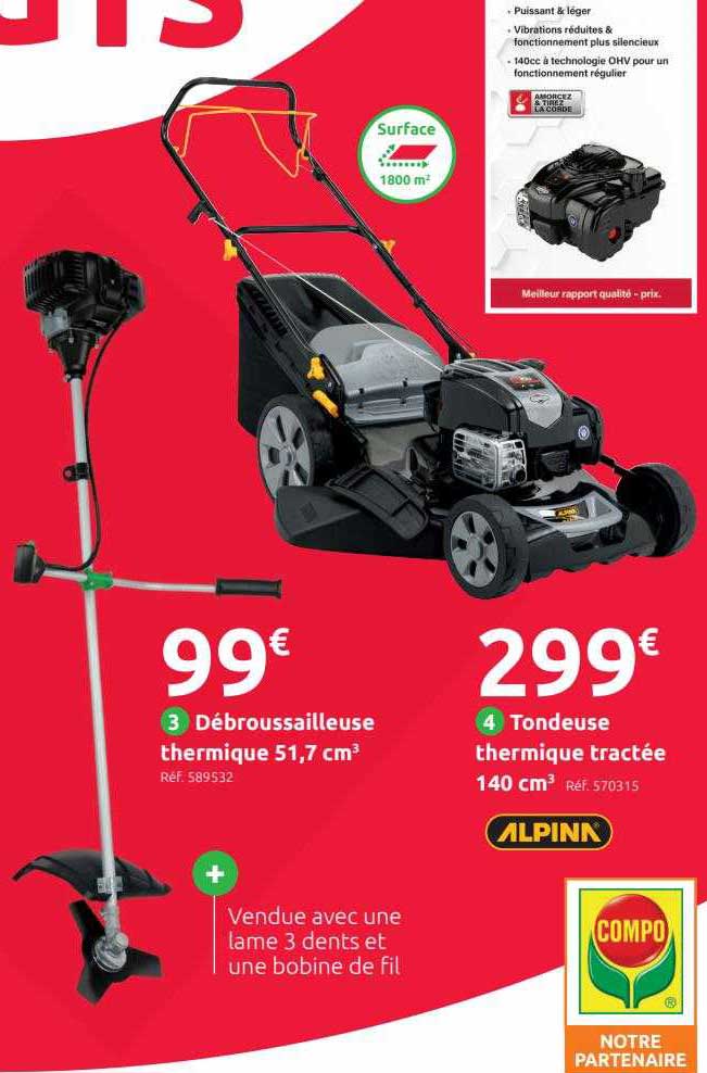 débroussailleuse thermique 51,7 cm3, tondeuse thermique tractée 140 cm3 alpina