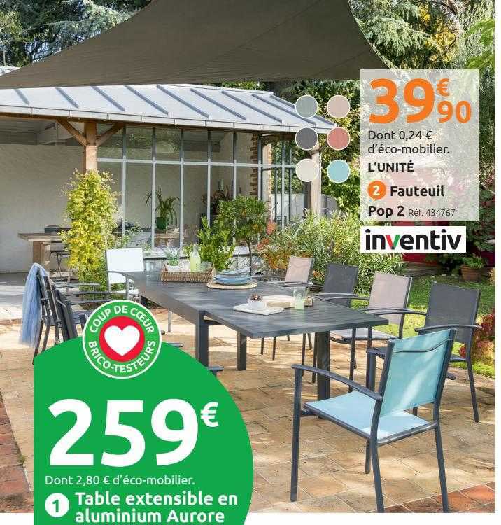 fauteuil pop 2 inventiv, table extensible en aluminium aurore