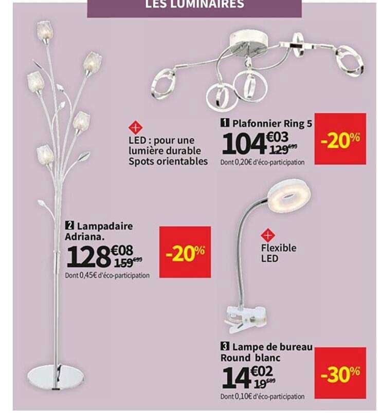 lampadaire adriana, plafonnier ring 5, lampe de bureau round blanc