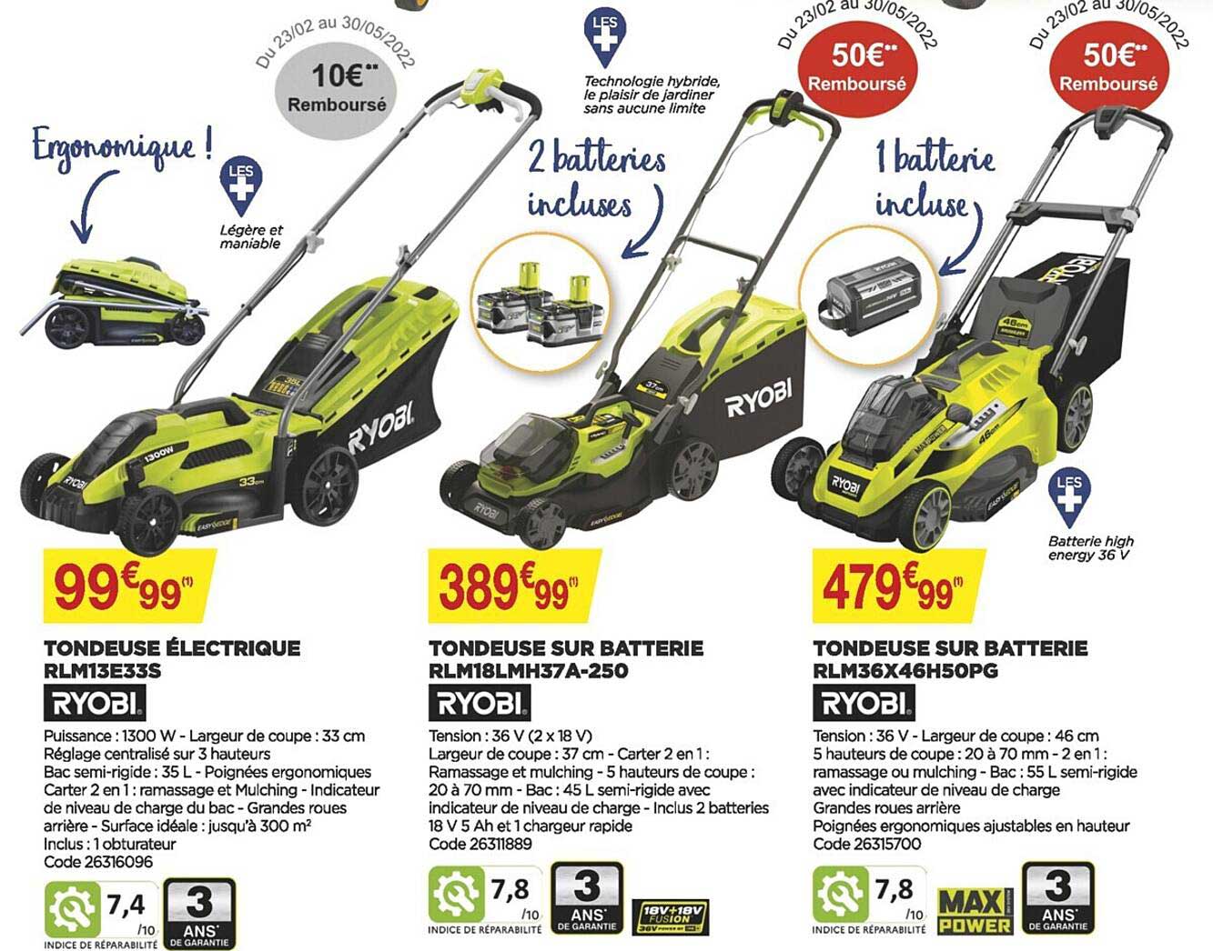 tondeuse électrique rlm13e33s ryobi, tondeuse sur batterie rlm18lmh37a-250 ryobi, tondeuse sur batterie rlm36x46h50pg ryobi