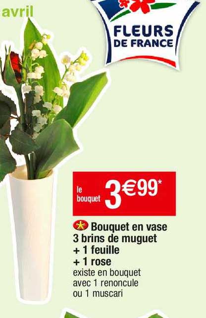 bouquet en vase 3 brins de muguet + 1 feuille + 1 rose