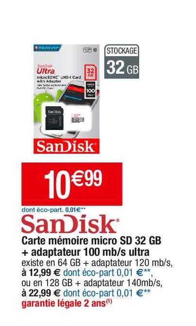 carte mémoire micro sd 32 gb + adaptateur 100 mb-s ultra