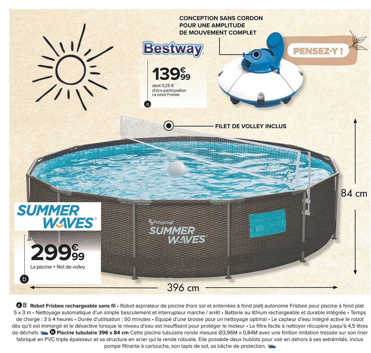 robot frisbee rechargeable sans fil bestway, piscine  tubulaire 396 x 84 cm summer waves