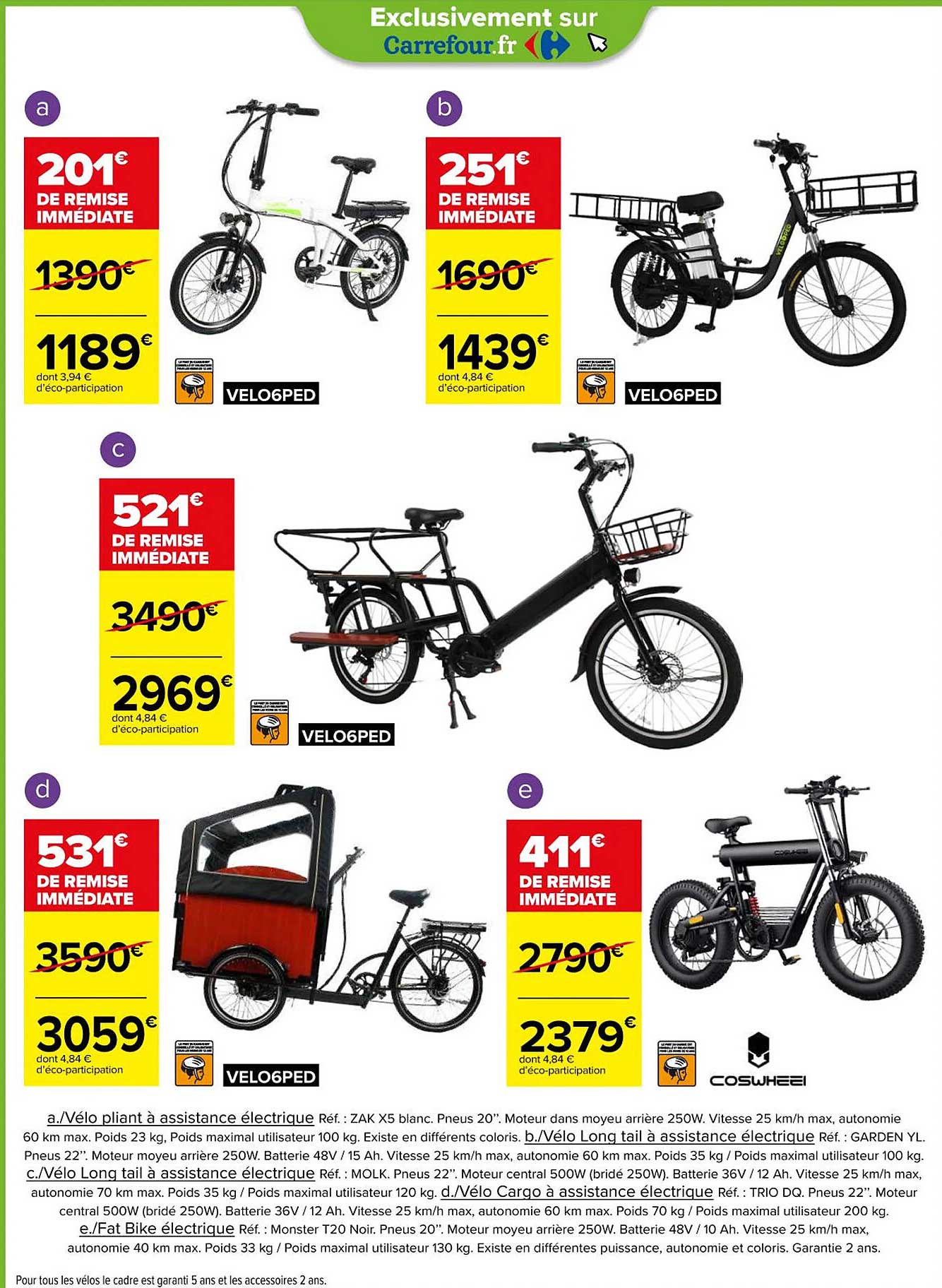 vélo pliant à assistance électrique, vélo long tail à assistance électrique, vélo cargo à assistance électrique, fat bike électrique