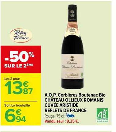 a.o.p. corbières boutenac bio château ollieux romanis cuvée aristide reflets de france