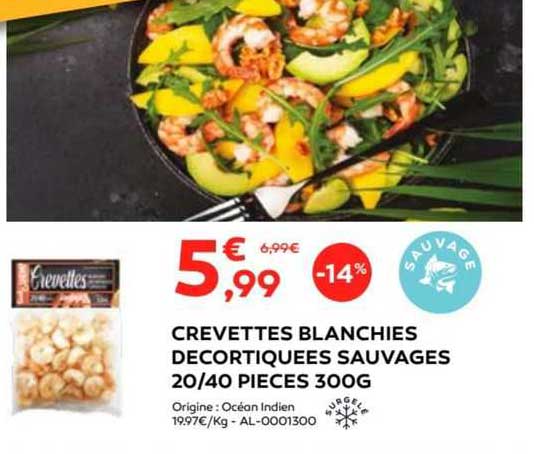 crevettes blanchies décortiquées sauvages 20/40 pieces 300g