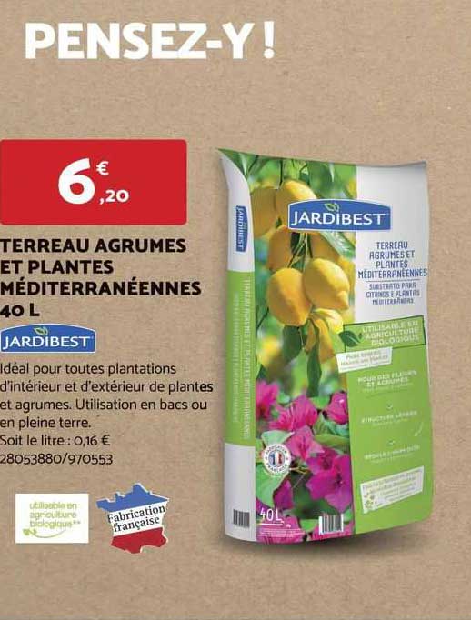 jardibest terreau agrumes et plantes méditerranéennes 40 l