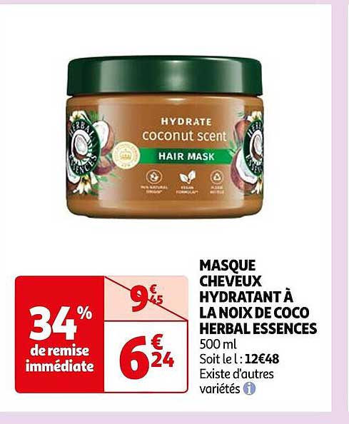 masque cheveux hydratant à la noix de coco herbal essences