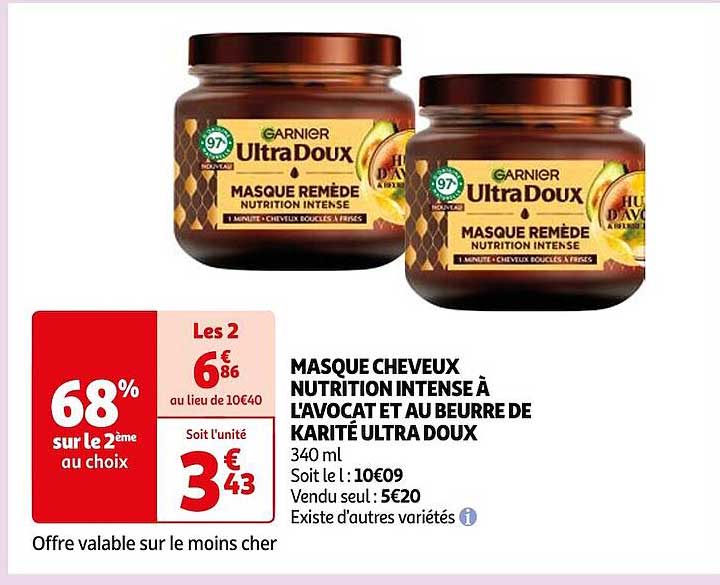 masque cheveux nutrition intense à l'avocat et au beurre de karité ultra doux