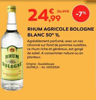 Rhum Agricole Bologne Blanc 50° 1lk