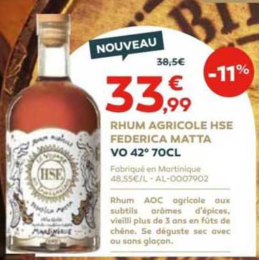 rhum agricole hse federica matta vo 42° 70cl