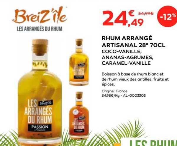 rhum arrangé artisanal 28° 70cl coco-vanille, ananas-agrumes, caramel-vanille