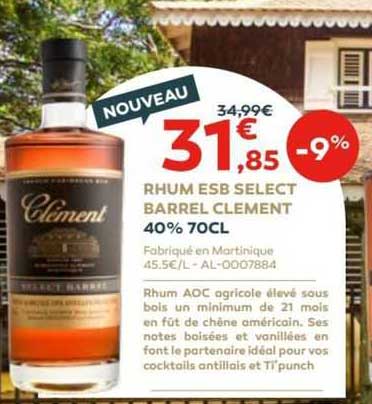 rhum esb select barrel clement 40% 70cl