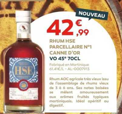 rhum hse parcellaire n°1 canne d'or vo 45° 70cl