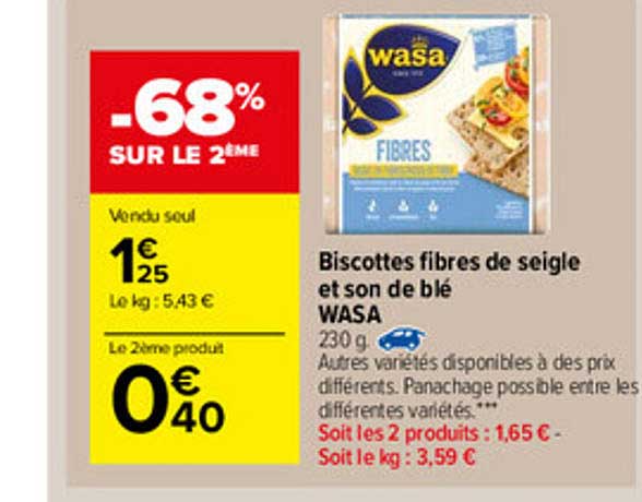 biscoittes fibres de seigle et son de blé wasa -68% sur le 2ème