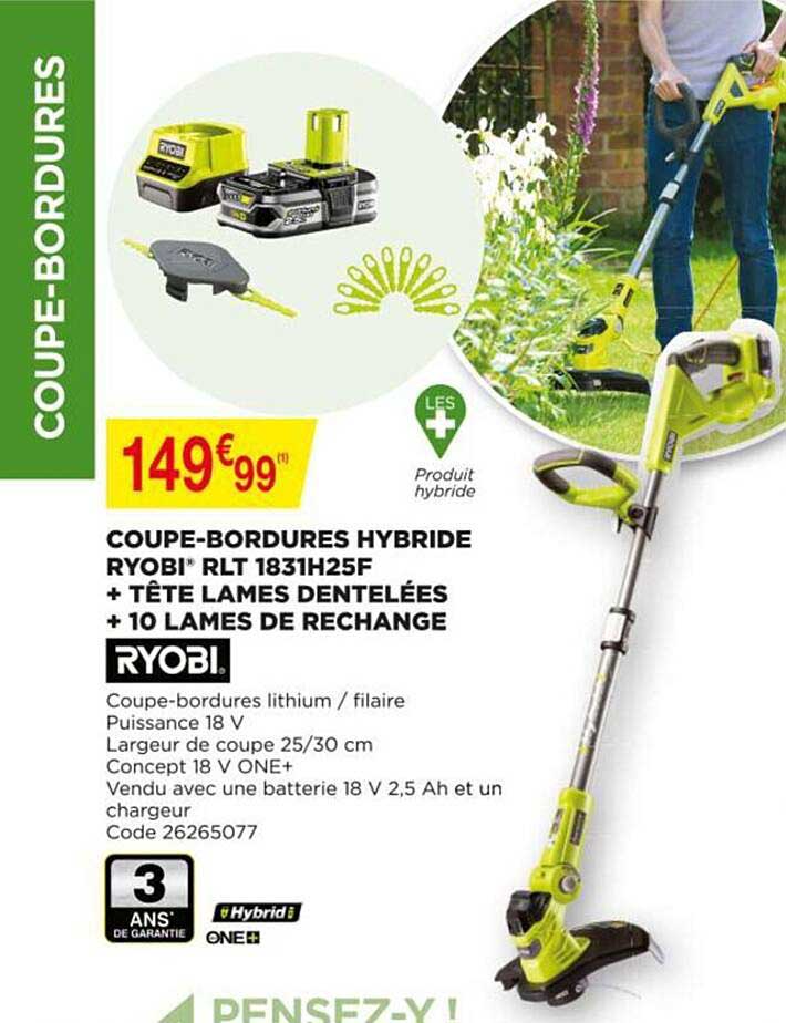 coupe-bordures hybride ryobi rlt 1831h25f + tête lames dentelées + 10 lames de rechange