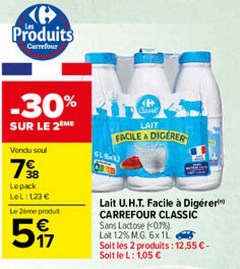lait u.h.t. facile à digérer carrefour classic -30% sur le 2ème