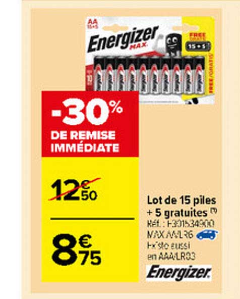 lot de 15 piles + 5 gratuites energizer -30% de remise immédiate