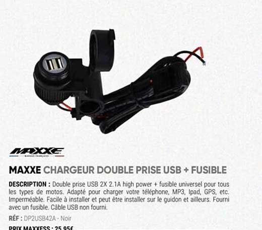 maxxe chargeur double prise usb + fusible