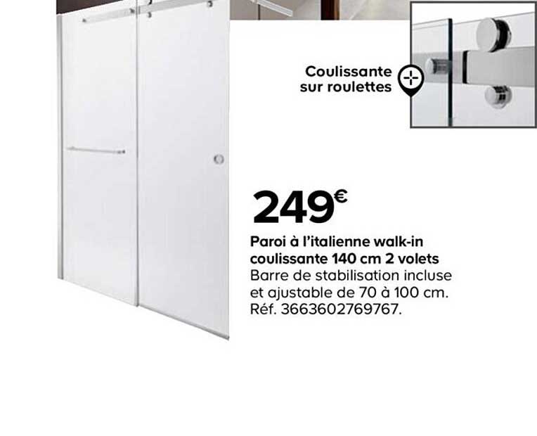 paroi à l'italienne walk-in coulissante 140 cm 2 volets
