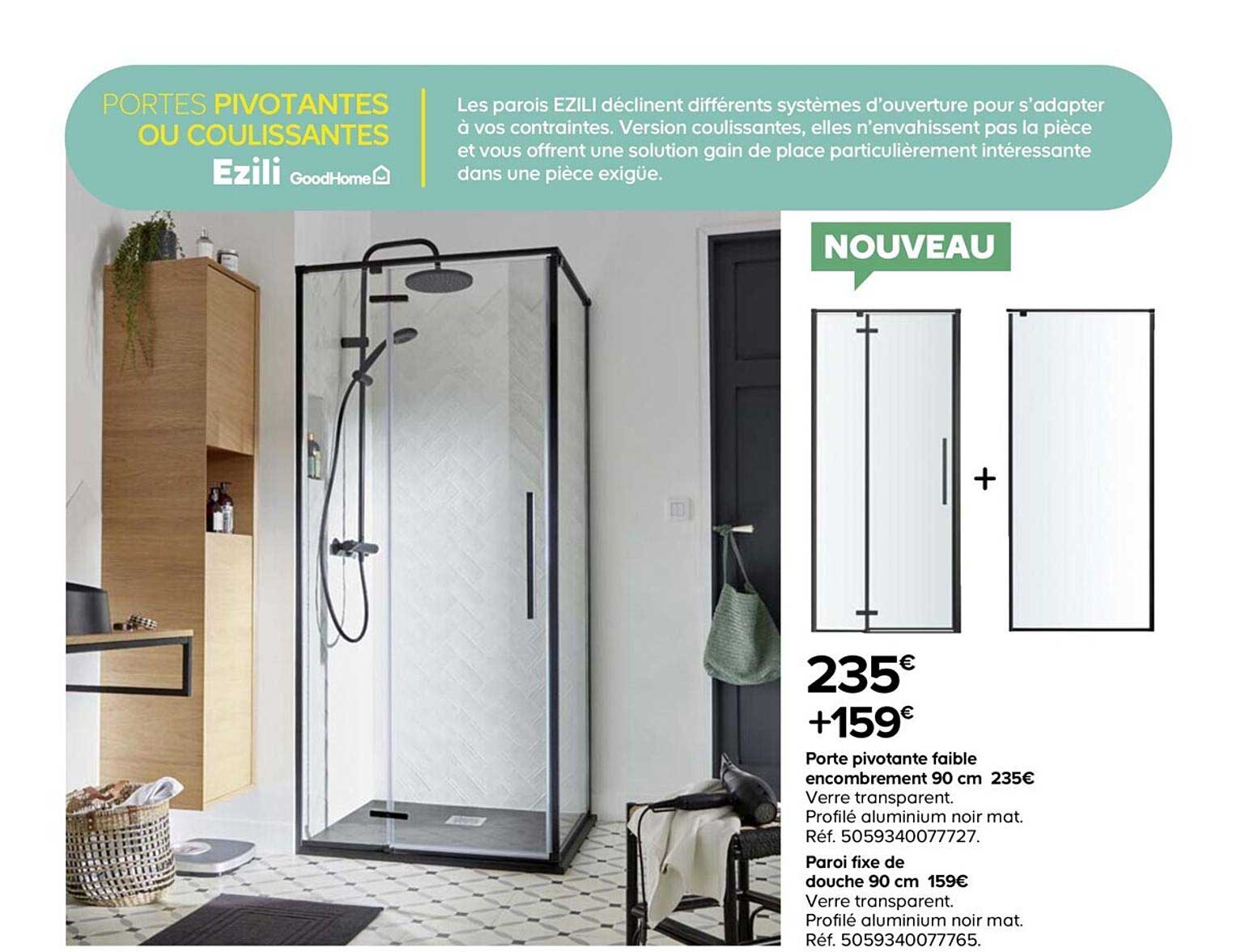 porte pivotante faible encombrement 90 cm paroi fixe de douche 90 cm