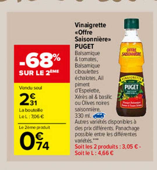 Vinagirette "offre Saisonnière Puget" -68% Sur Le 2ème