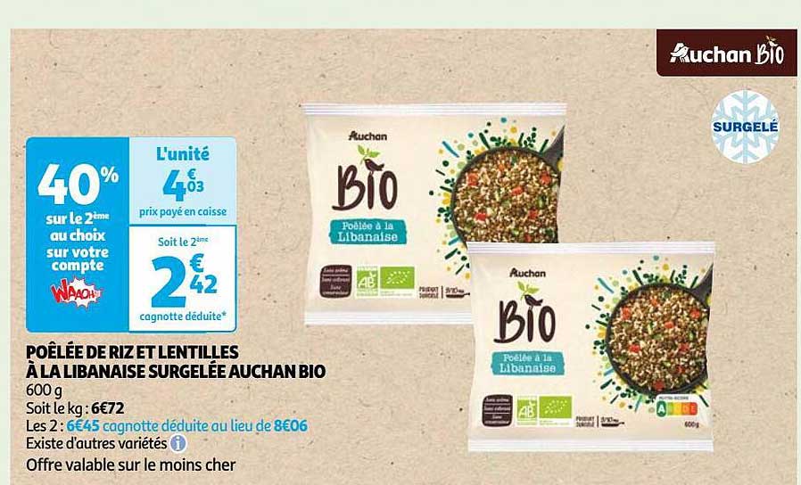 Poêlée De Riz Et Lentilles à La Libanaise Surgelée Auchan Bio