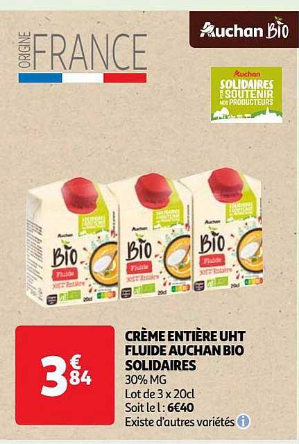 crème entière uht fluide auchan bio solidaires