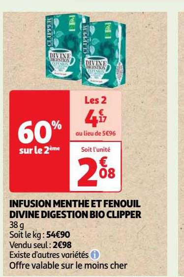 infusion menthe et fenouil divine digestion bio clipper
