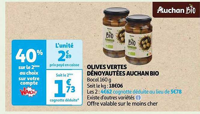 Olives Vertes Dénoyautées Auchan Bio