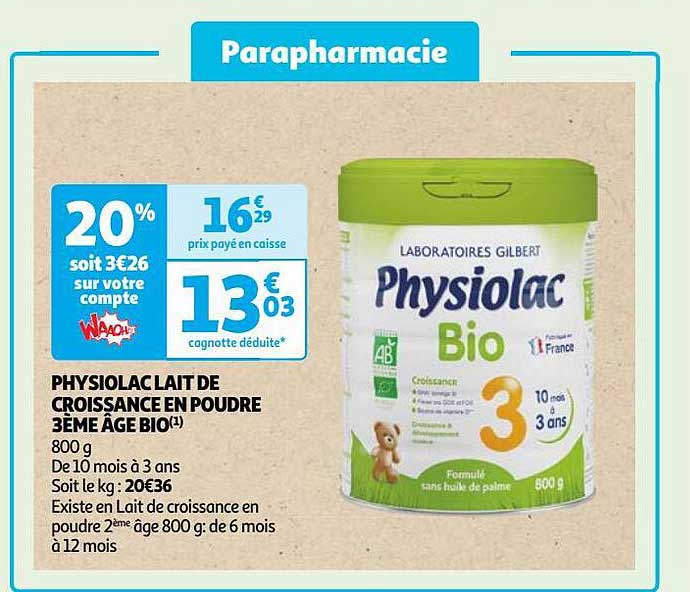 physiolac lait de croissance en poudre 3ème âge bio